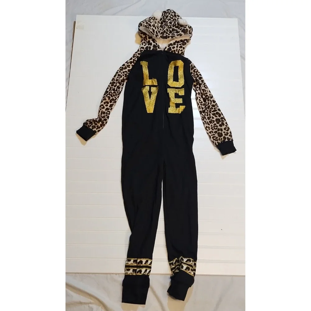 Delias Girl Kids 10 12 Black Leopard Print Love Sherpa Hooded‎ One Piece Pajamas